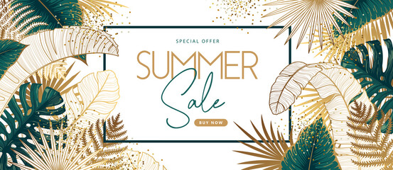 Summer big sale poster with tropic golden and green leaves. Summer tropic leaves background. Vector illustration