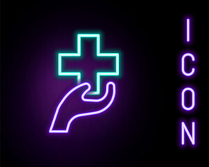 Glowing neon line Heart with a cross icon isolated on black background. First aid. Healthcare, medical and pharmacy sign. Colorful outline concept. Vector