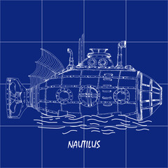 Nautilus submarine detailed vintage drawing
