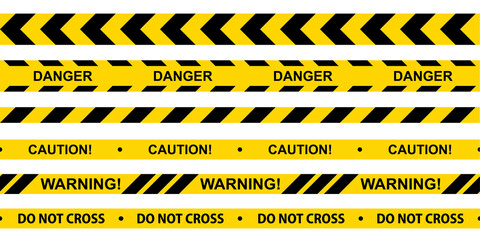 Caution tape set. Yellow warning danger tapes. Police line and do not cross ribbons.Abstract warning lines for police, accident, under construction. Horizontal seamless borders. Vector illustration - obrazy, fototapety, plakaty