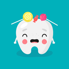 Poster about dental hygiene in cartoon style. The illustration shows a funny tooth with candy harmful to it. Dental concept for children dentistry and orthodontics. Vector illustration.