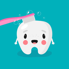 Poster about dental hygiene in cartoon style. The illustration shows funny tooth and toothbrush. Dental concept for children dentistry and orthodontics. Vector illustration.