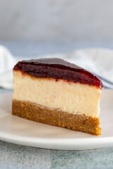 Raspberry Cheesecake. Cheesecake dessert on a white background. World cuisine delicacies. close up