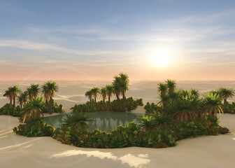 Oasis at sunset in a sandy desert, a panorama of the desert with palm trees,
