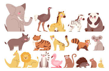 Fototapeta premium Cute animal set. Wild cats, elephant, monkey and lemur. Panda,