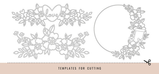 Frame and borders with flowers. Elements for decoration. Templates for cutting paper, plotter or laser cutting.