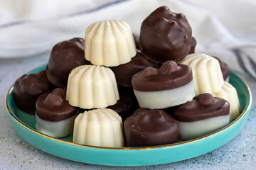 Special types of chocolate. Special hazelnut chocolate on a white background. close up
