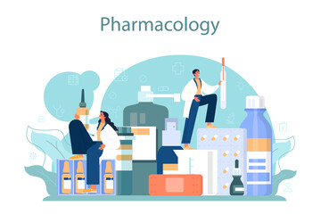 Pharmacologist concept. Pharmacist preparing and selling drugs