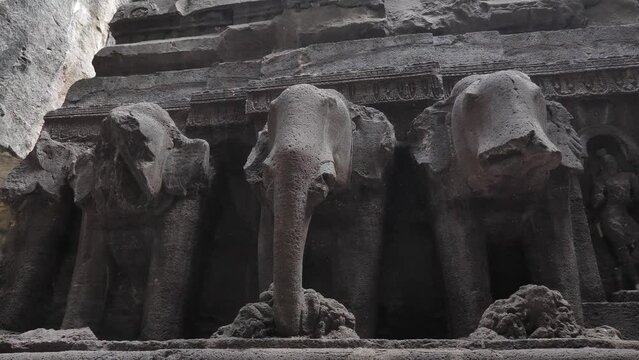 Statues of three animals in the single line at ellora caves