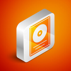 Isometric CD disk award in frame icon isolated on orange background. Modern ceremony. Best seller. Musical trophy. Silver square button. Vector