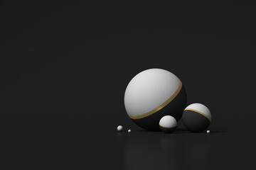 White spheres with gold decor on a black background. 3d render illustration.