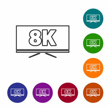 Black line Screen tv with 8k Ultra HD video technology icon isolated on white background. Set icons in color circle buttons. Vector
