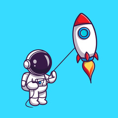 Cute Astronaut Playing Rocket Kite Cartoon Vector Icon Illustration. Science Technology Icon Concept Isolated Premium Vector. Flat Cartoon Style