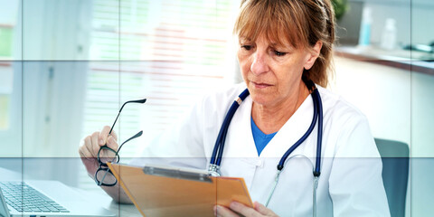 Female doctor reading a clinical record, geometric pattern