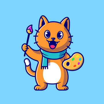 Cute Cat Painter Holding Colour Pallete And Brush Cartoon Vector Icon Illustration. Animal Art Icon Concept Isolated Premium Vector. Flat Cartoon Style