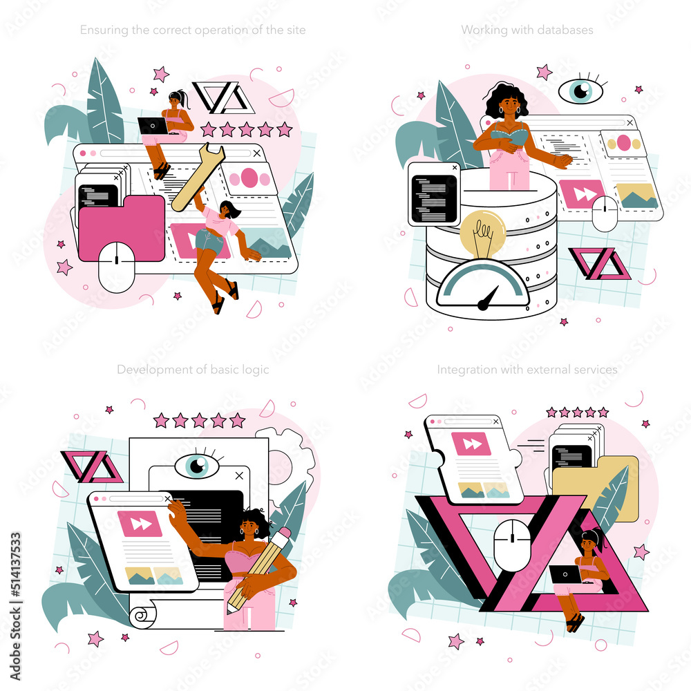 Poster back end development concept set. software development process.