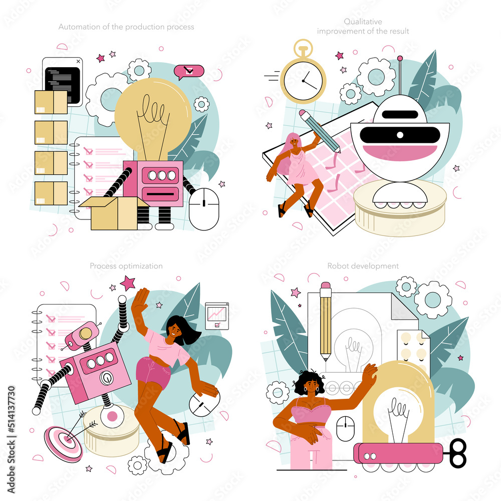 Poster cyber engineering concept set. robotics' constructing developing