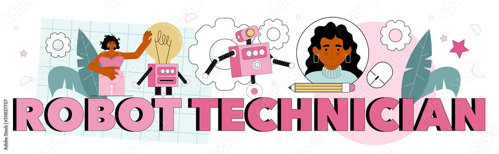 Poster robot technician typographic header. cyber engineering developing