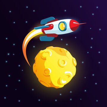 Rocket flies around the moon - cartoon style. Rocketship orbiting a planet with craters. Vector illustration.