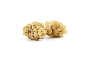 Dried mulberry isolated on white background. Dry sweet berries morus alba