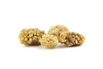 Dried mulberry isolated on white background. Dry sweet berries morus alba