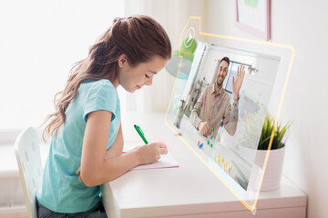 education, school and technology concept - happy student girl with tablet pc computer and teacher on virtual screen learning online and writing to notebook at home