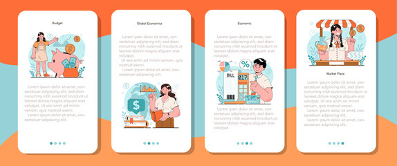 Economy school subject mobile application banner set. Student studying