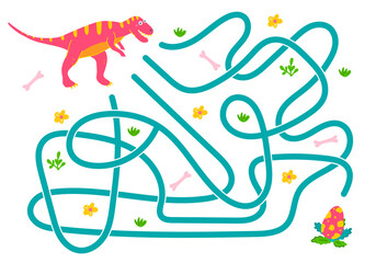Labyrinth, help the dinosaur find the right way to the egg. Logical quest for children. Cute illustration for childrens books, educational game