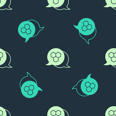 Green and beige Honeycomb icon isolated seamless pattern on blue background. Honey cells symbol. Sweet natural food. Vector