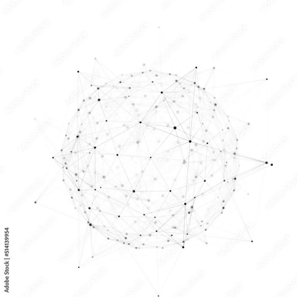 Poster Sphere consisting of dots and lines on a white background. Network connection structure. Big data visualization. 3D rendering.