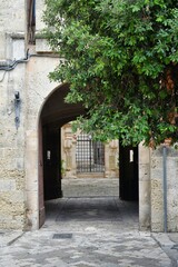 Entrance arch in a medieval castle of Tricase, a historic town in the Puglia region, Italy.