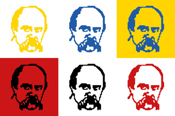 Taras Shevchenko Ukrainian writer vector portraits collage with ukrainian national colors - obrazy, fototapety, plakaty