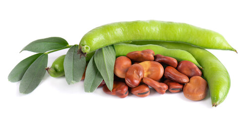 Fresh broad beans in pods with green leaf, isolated on white background. Dry fava beans.