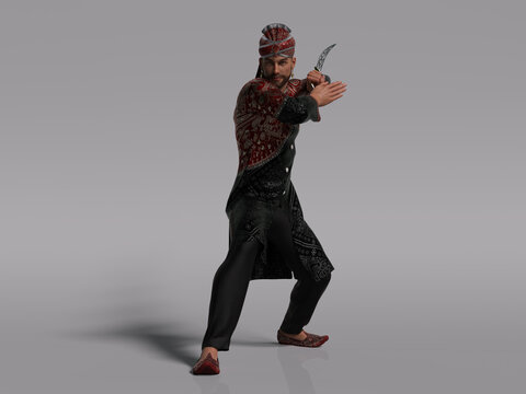 3D Render : young Indian male character in a Indian style traditional clothing with gold dagger in his hand