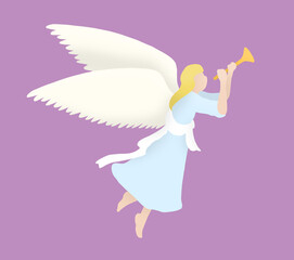 A beautiful angel in blue dress with the pair of wings flying to the sky with trumpet in her hands.