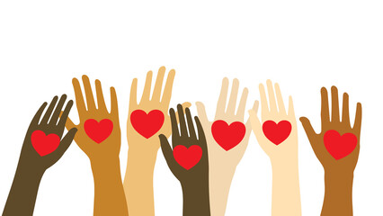 Multiethnic people showing hands with hearts as love and peace concept.