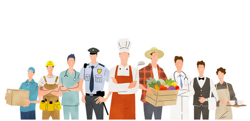 ベクターイラスト素材：さまざまな職業、職種の男性、人物セット
