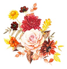 A beautiful composition with autumn flowers and leaves, fall floral bouquet. Watercolor illustration