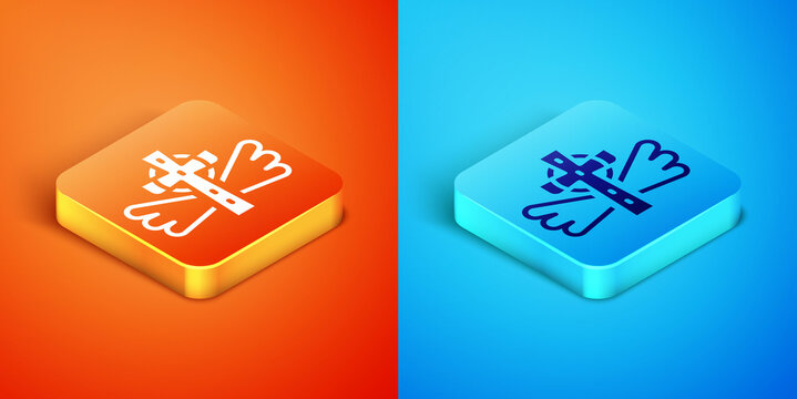 Isometric Christian cross icon isolated on orange and blue background. Church cross. Vector