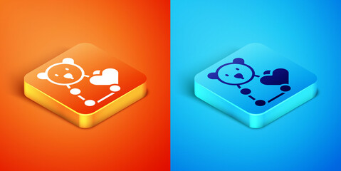 Isometric Donate child toys icon isolated on orange and blue background. Charity kindness, volunteer social assistance. Vector