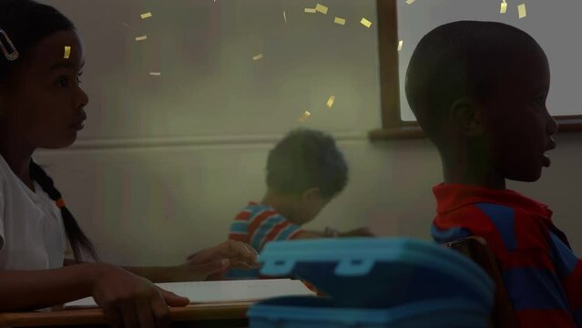Animation of confetti over diverse schoolchildren learning