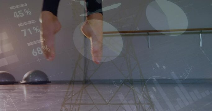 Animation of data processing over female ballet dancers legs