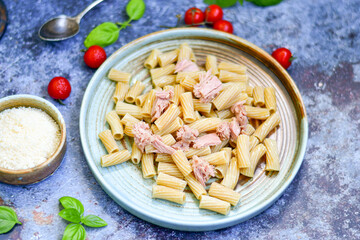   Gluten free Chickpea pasta with tuna and olive oil .Fresh  low carb  high protein pasta rigatoni with  cream sauce  ,  tuna , parmesan cheese ,olive oil and black pepper)  Ketogenic diet pasta 