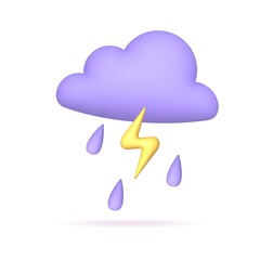 Rain cloud with raindrops. 3d vector icon in minimal cartoon style. Weather icon for for mobile applications, websites, social media