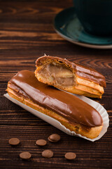 Eclairs with chocolate topping close up