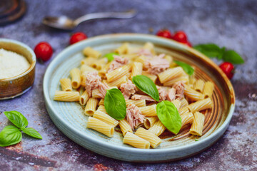   Gluten free Chickpea pasta with tuna and olive oil .Fresh  low carb  high protein pasta rigatoni with  cream sauce  ,  tuna , parmesan cheese ,olive oil and black pepper)  Ketogenic diet pasta 