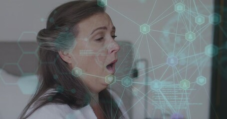 Animation of chemical formula and data processing over senior caucasian woman sneezing - Powered by Adobe