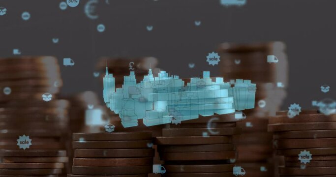 Animation of digital cityscape and icons over coins