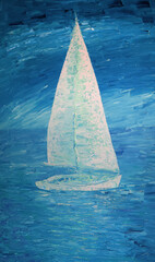 Blue sea and white sailboat art painting