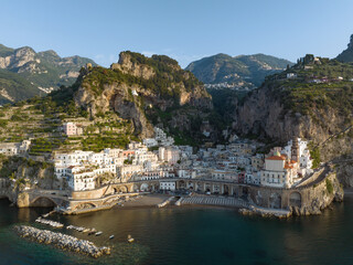 Fototapeta na wymiar View from above, stunning aerial view of the village of Atrani. Atrani is a city and comune on the Amalfi Coast in the province of Salerno in the Campania region of south-western Italy.